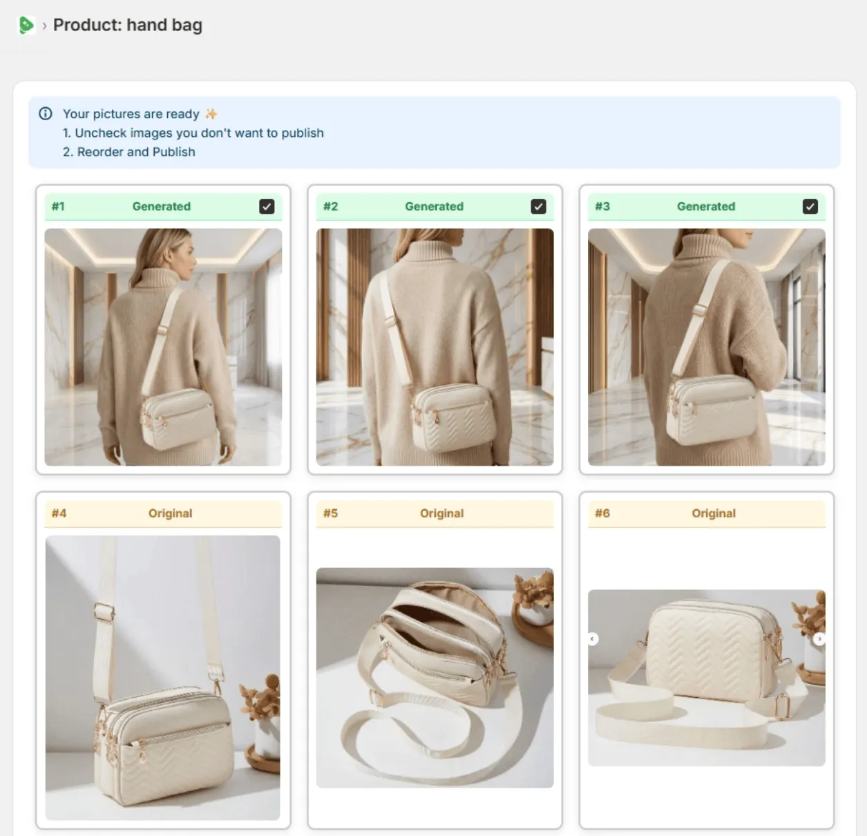 Generated product images beside original product photos