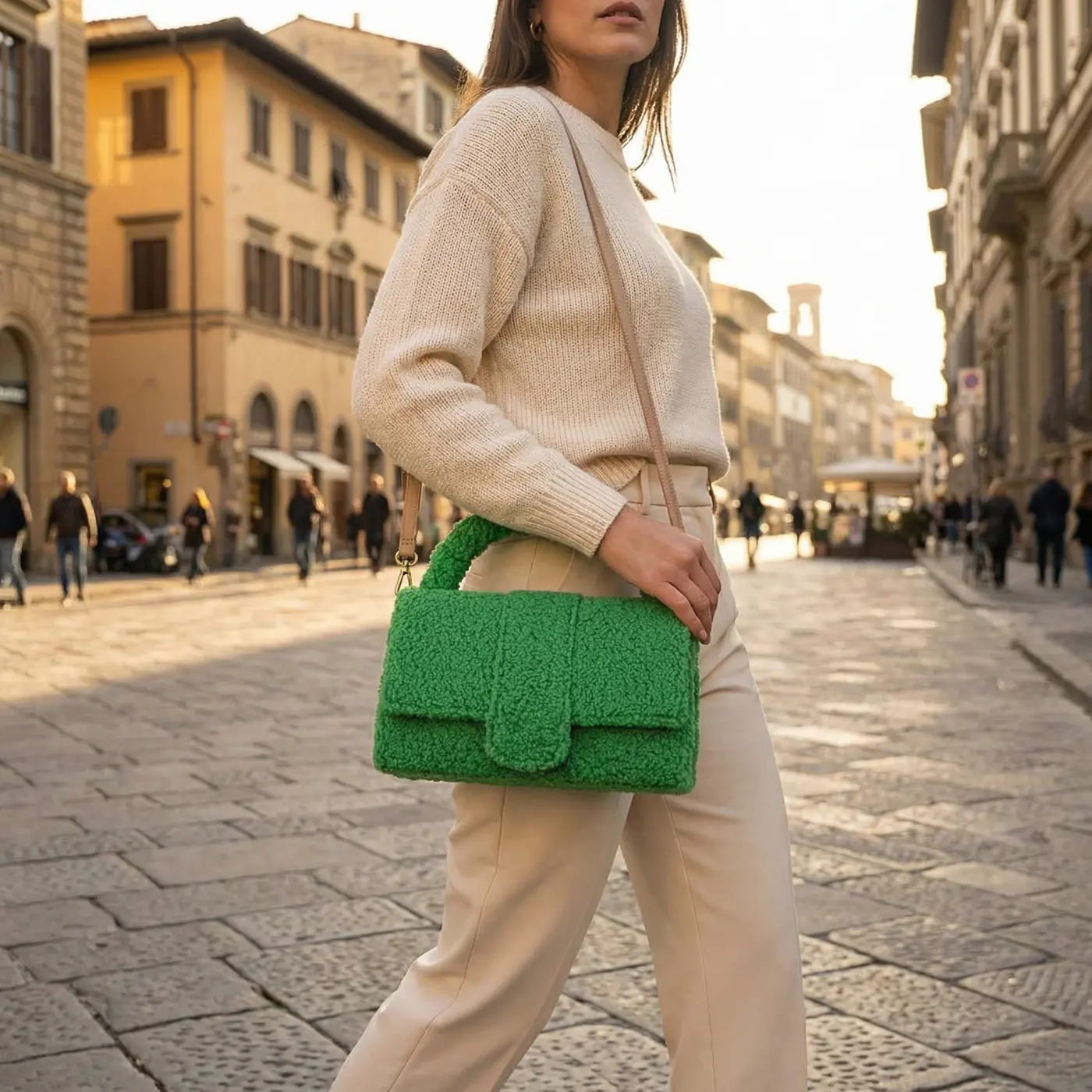 Accessories lifestyle image: green teddy handbag city