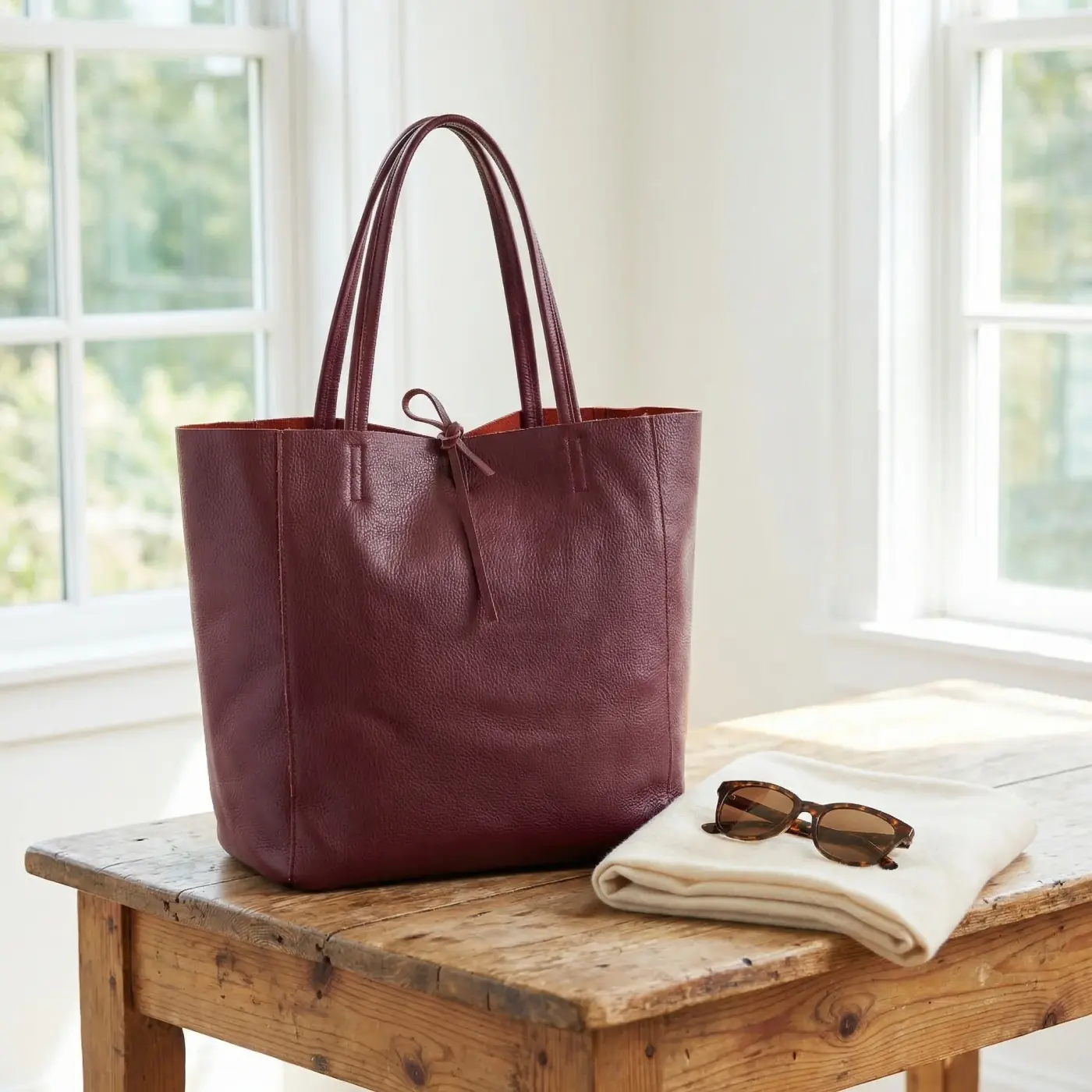Accessories lifestyle image: burgundy leather tote table