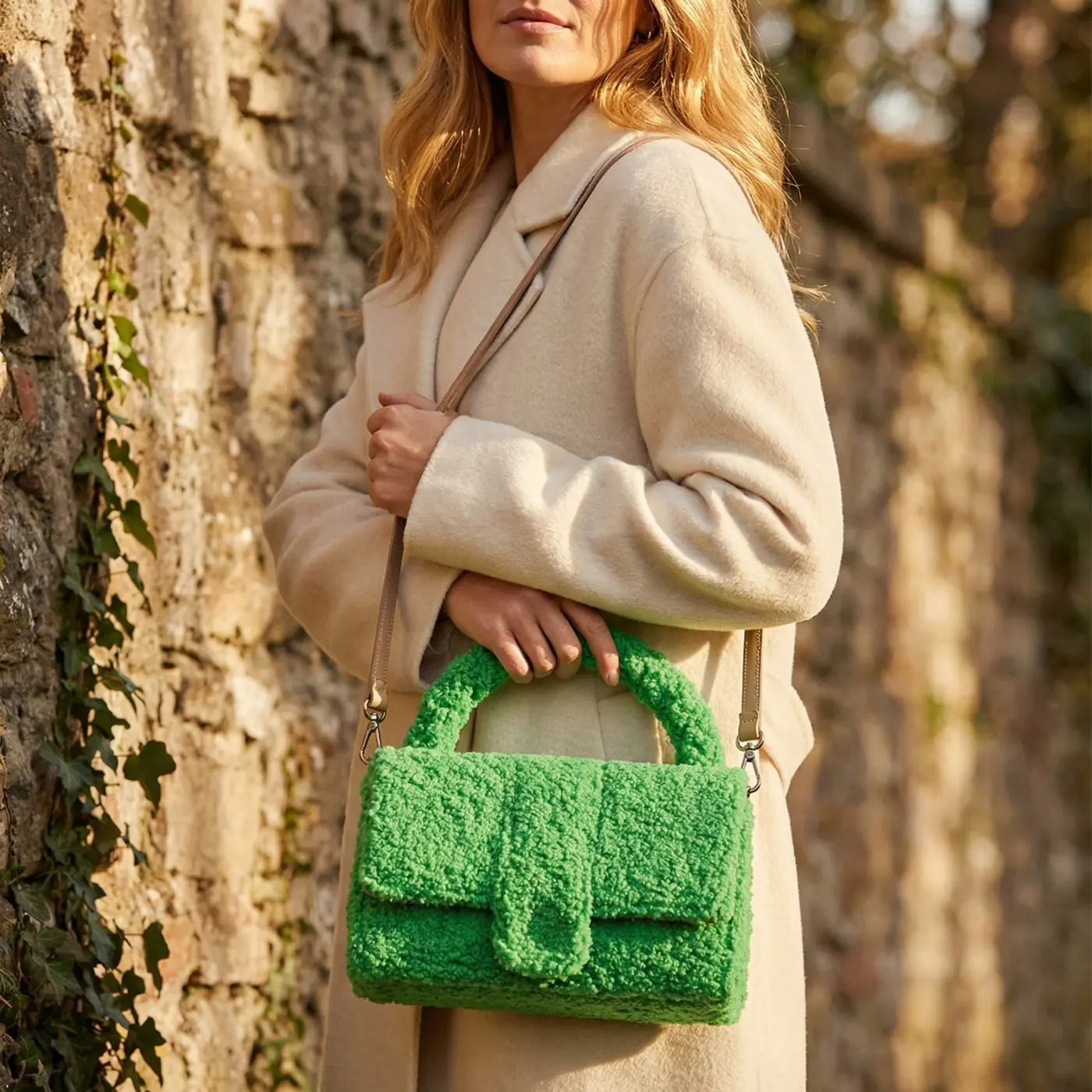 Accessories lifestyle image: green teddy handbag stone wall