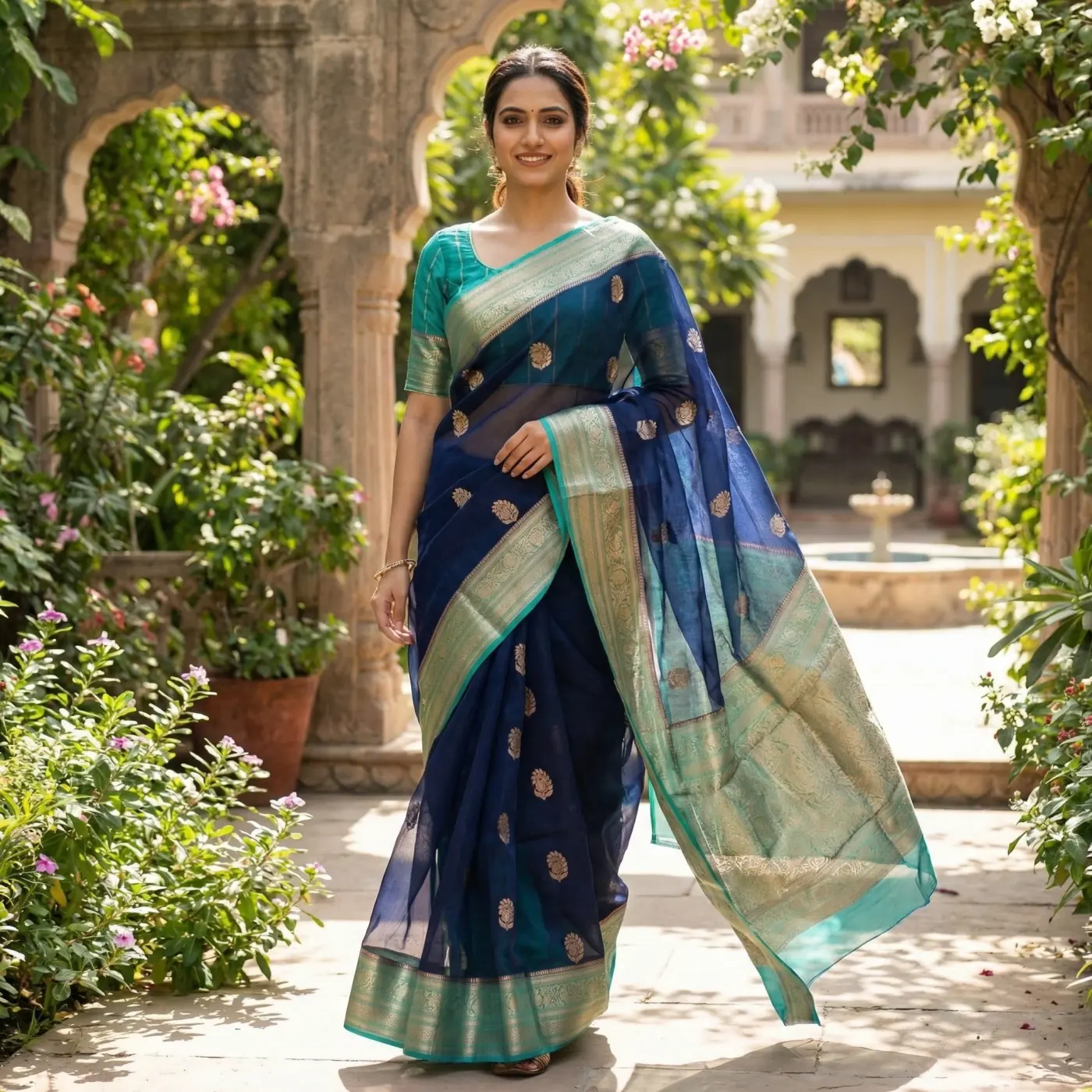 Fashion lifestyle image: blue silk saree garden