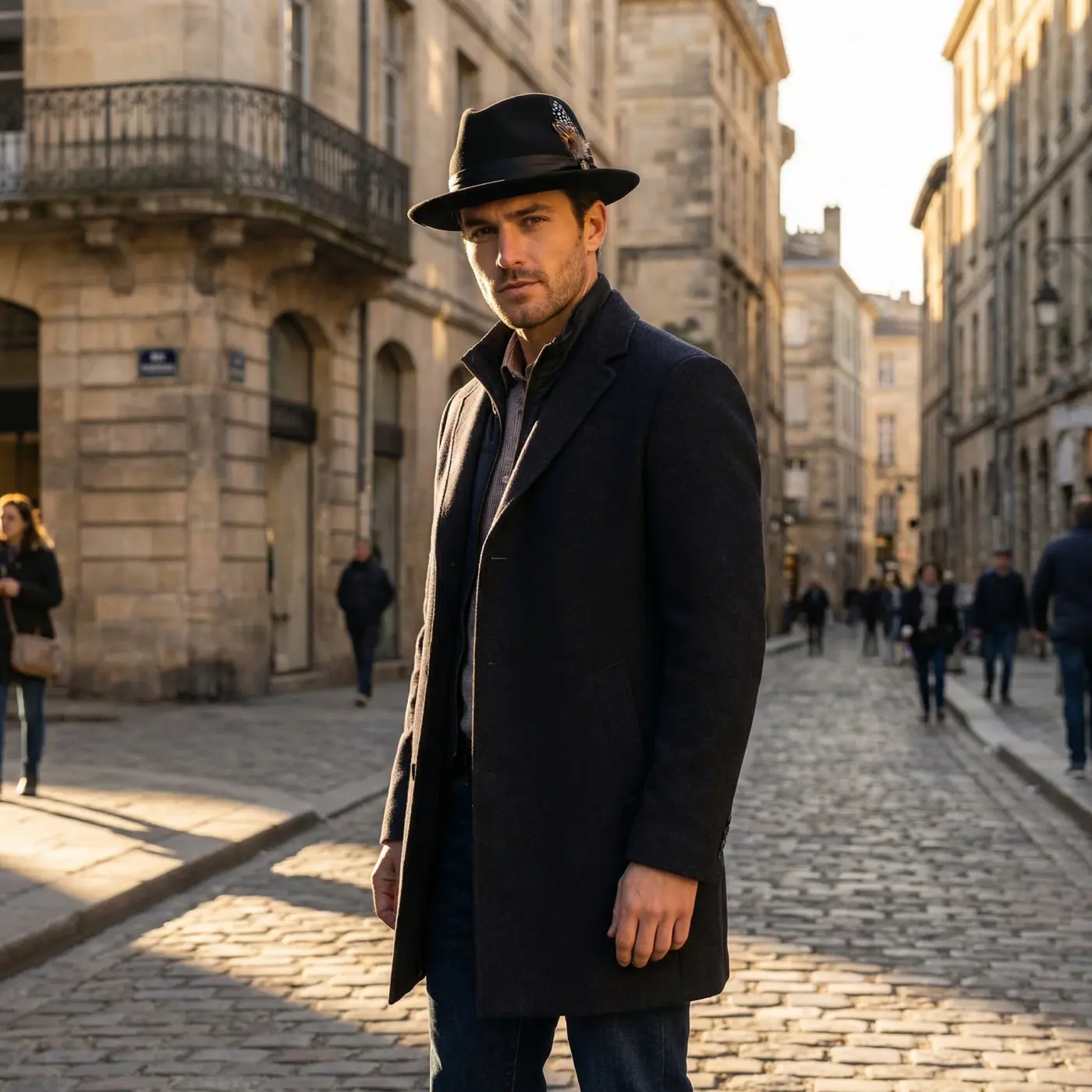 Fashion lifestyle image: black fedora urban model