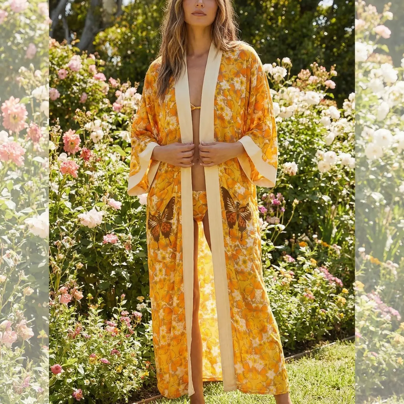 Fashion lifestyle image: yellow kimono garden