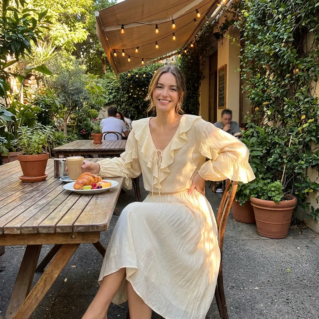 Fashion lifestyle image: cream jacket patio