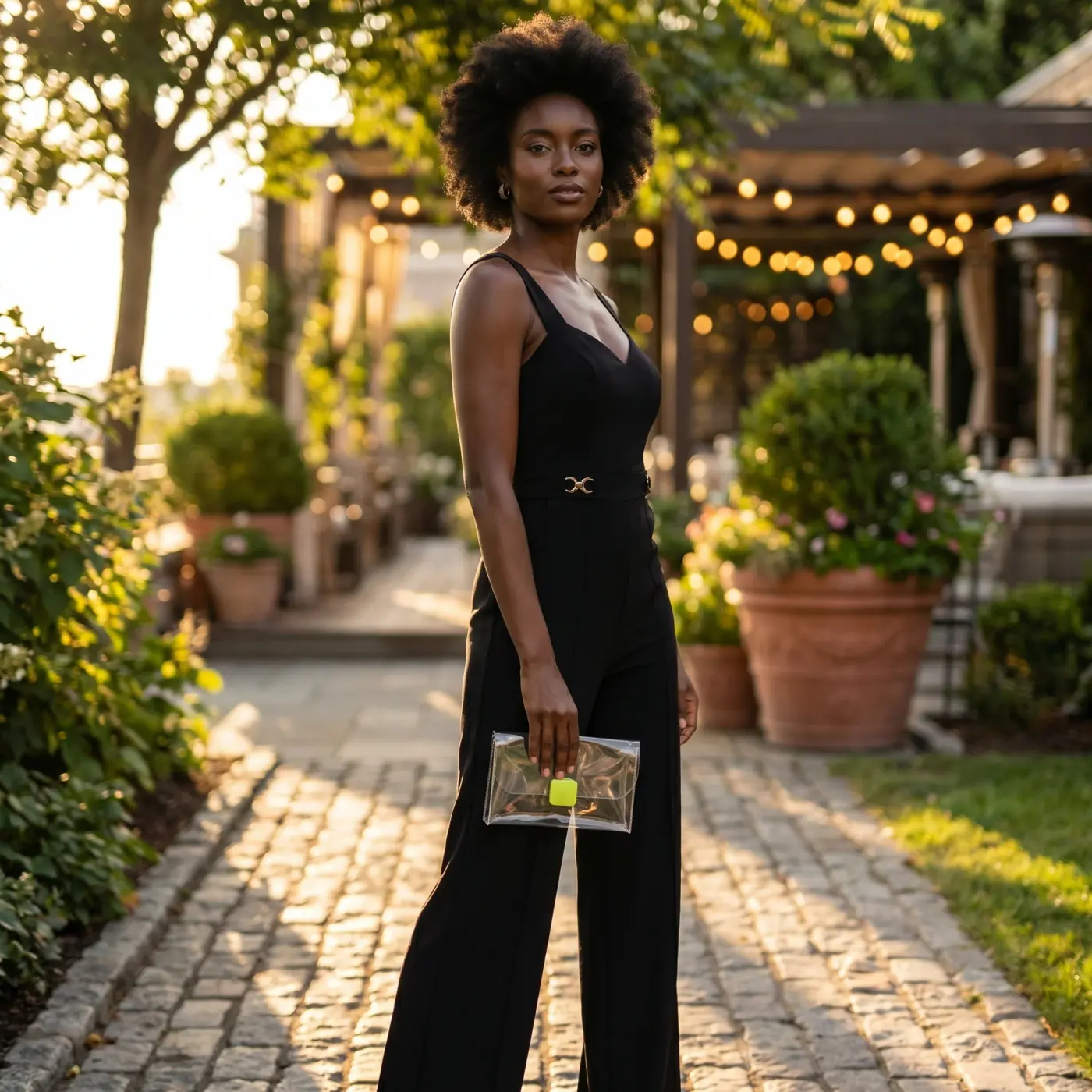 Fashion lifestyle image: black dress evening