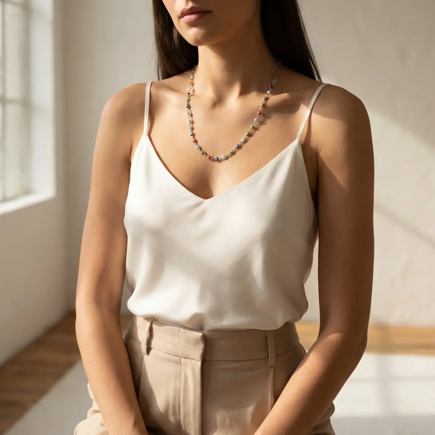 Fashion lifestyle image: silk camisole bedroom