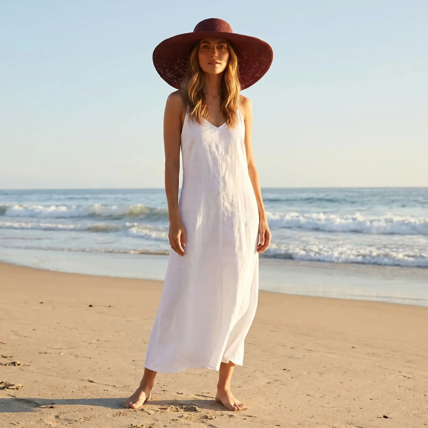 Fashion lifestyle image: summer dress beach
