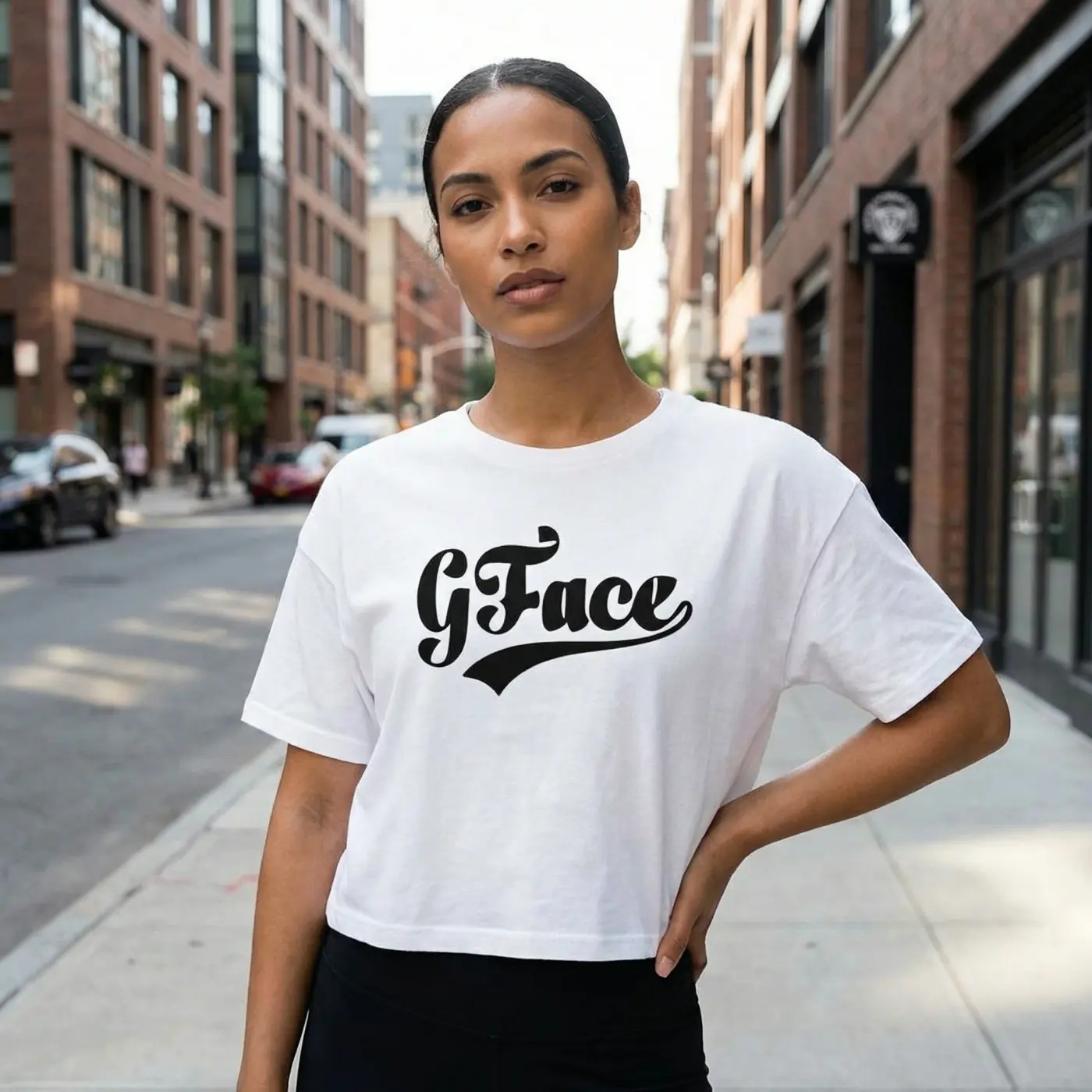 Fashion lifestyle image: white crop tee city