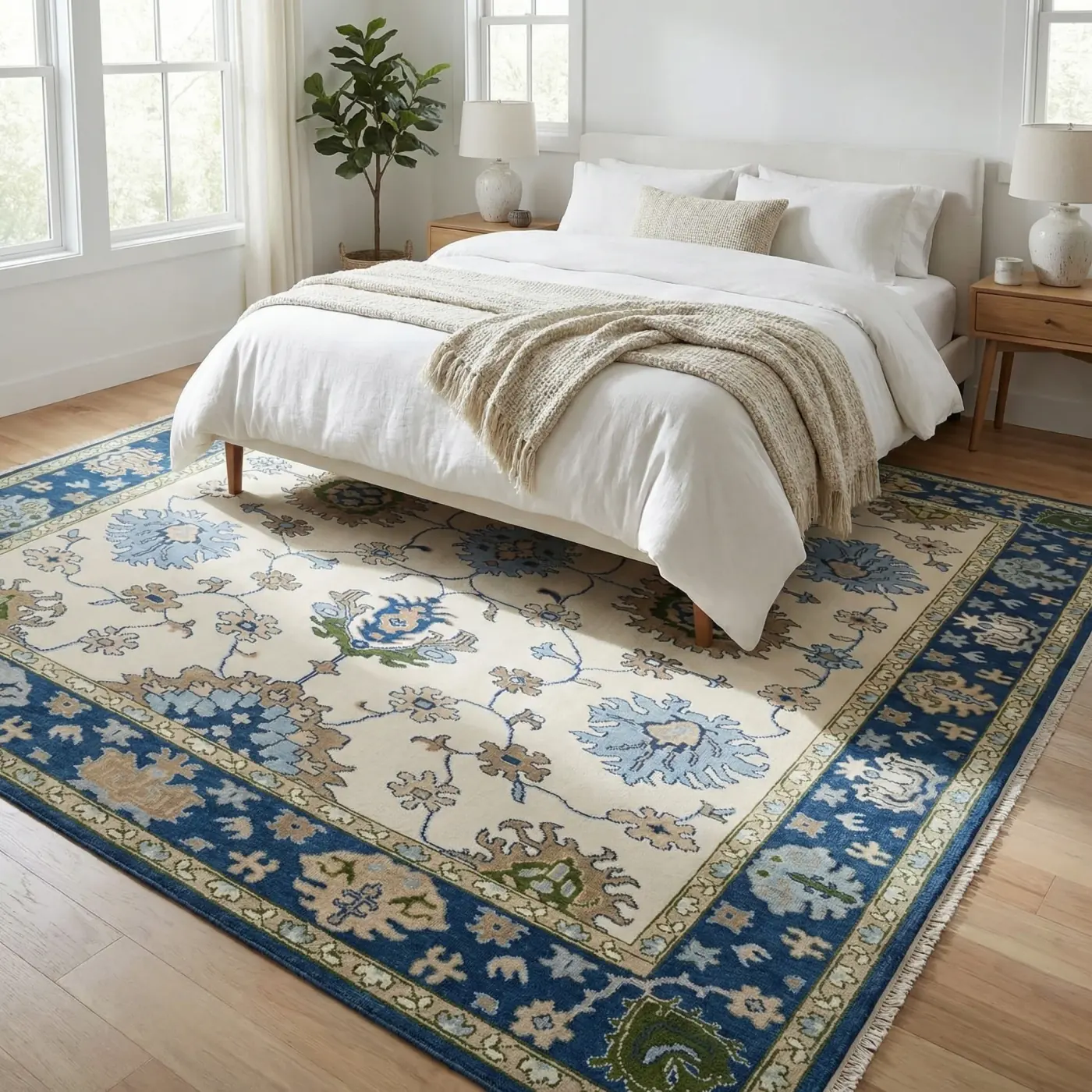 Home lifestyle image: navy oushak rug bedroom