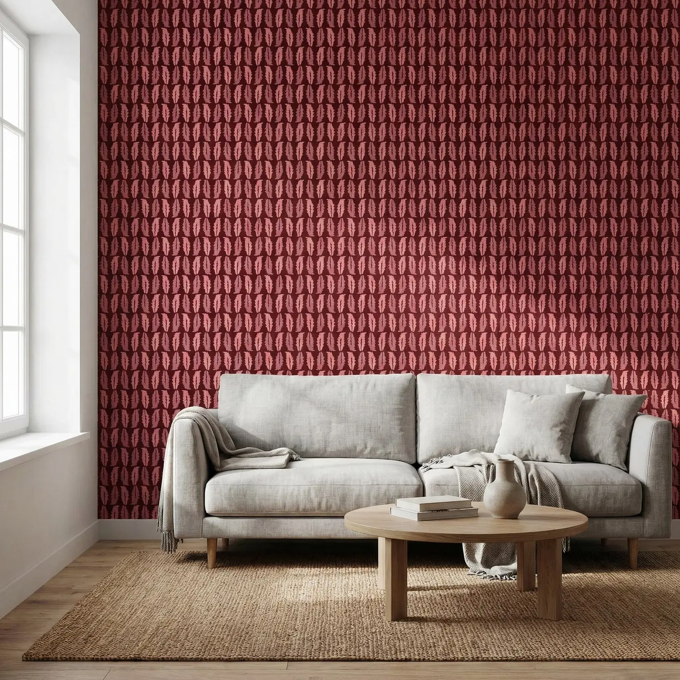 Home lifestyle image: red pattern wallpaper living room