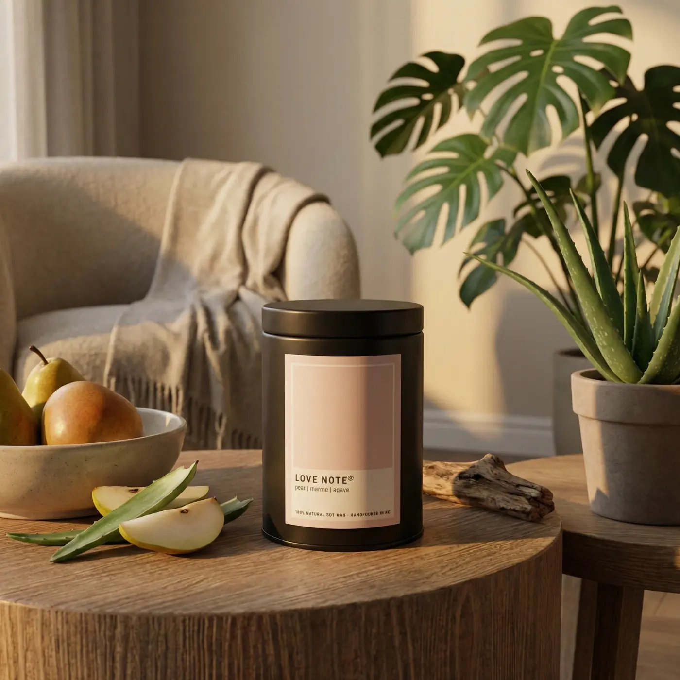 Home lifestyle image: love note candle living room