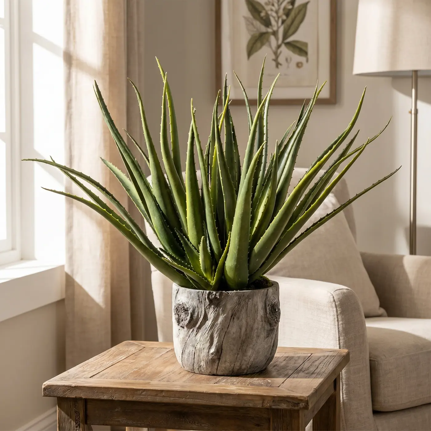 Home lifestyle image: aloe plant side table