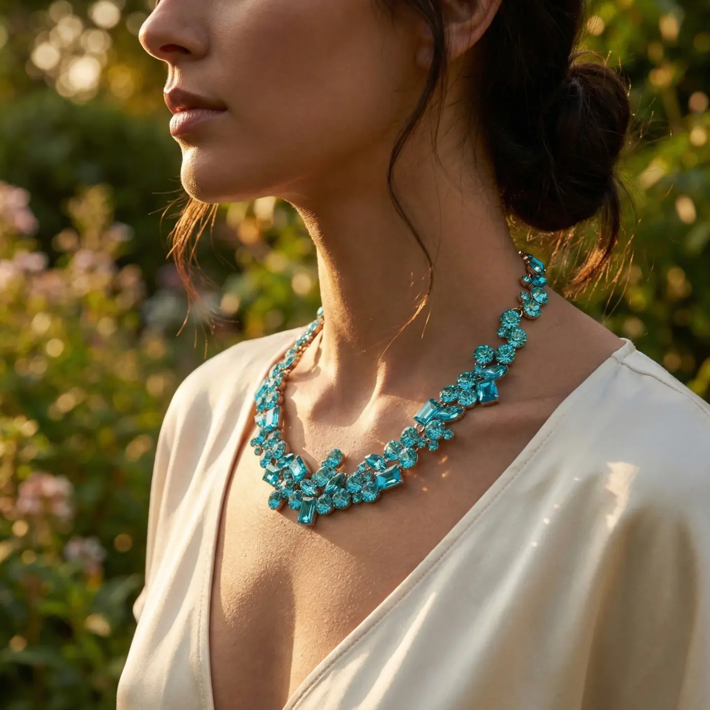 Jewelry lifestyle image: teal collar necklace garden