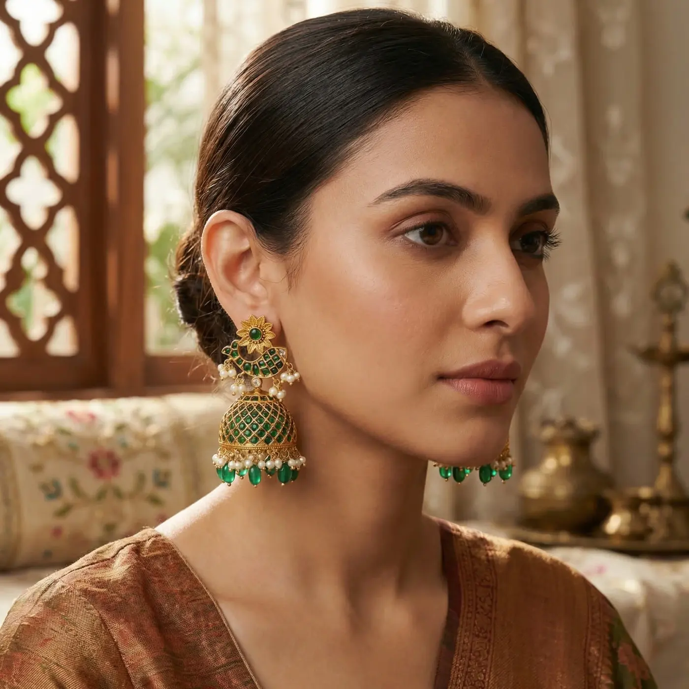 Jewelry lifestyle image: green pearl jhumkas portrait