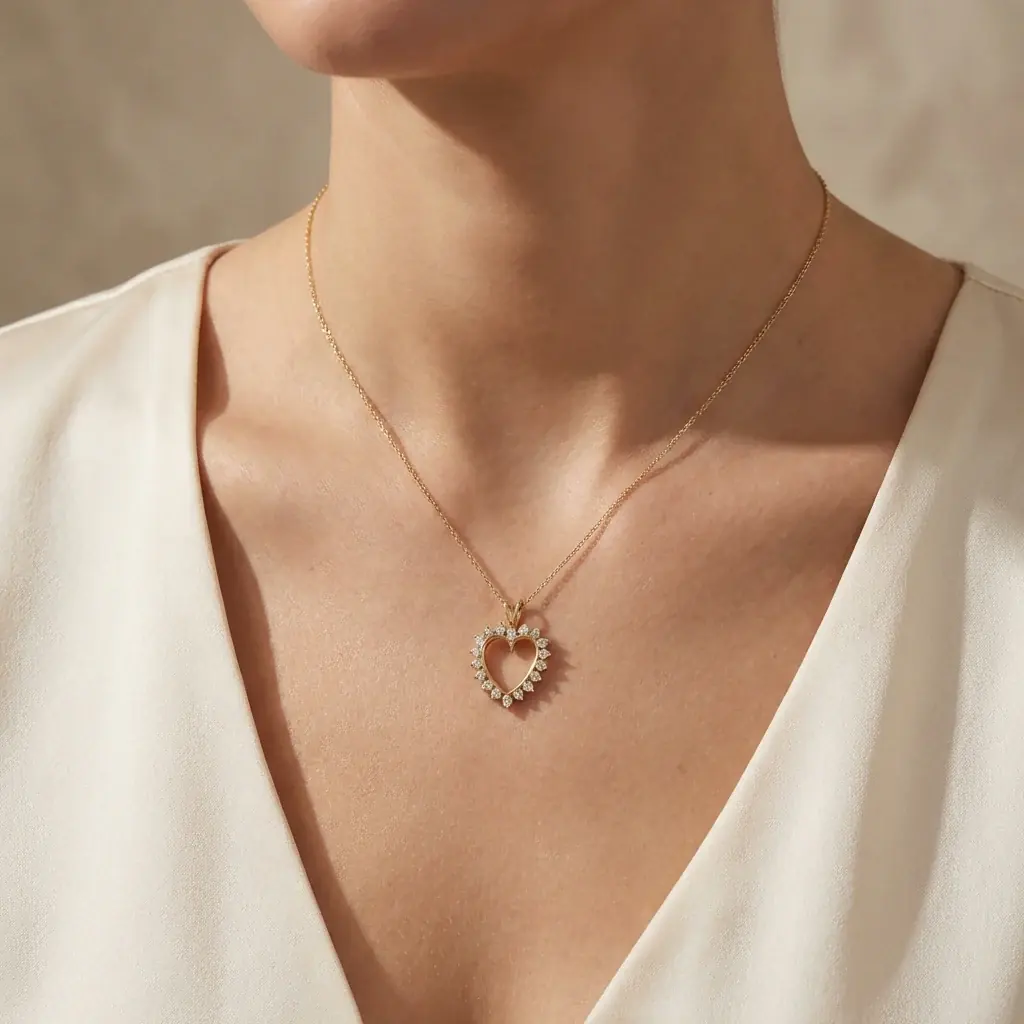 Jewelry lifestyle image: diamond heart charm closeup