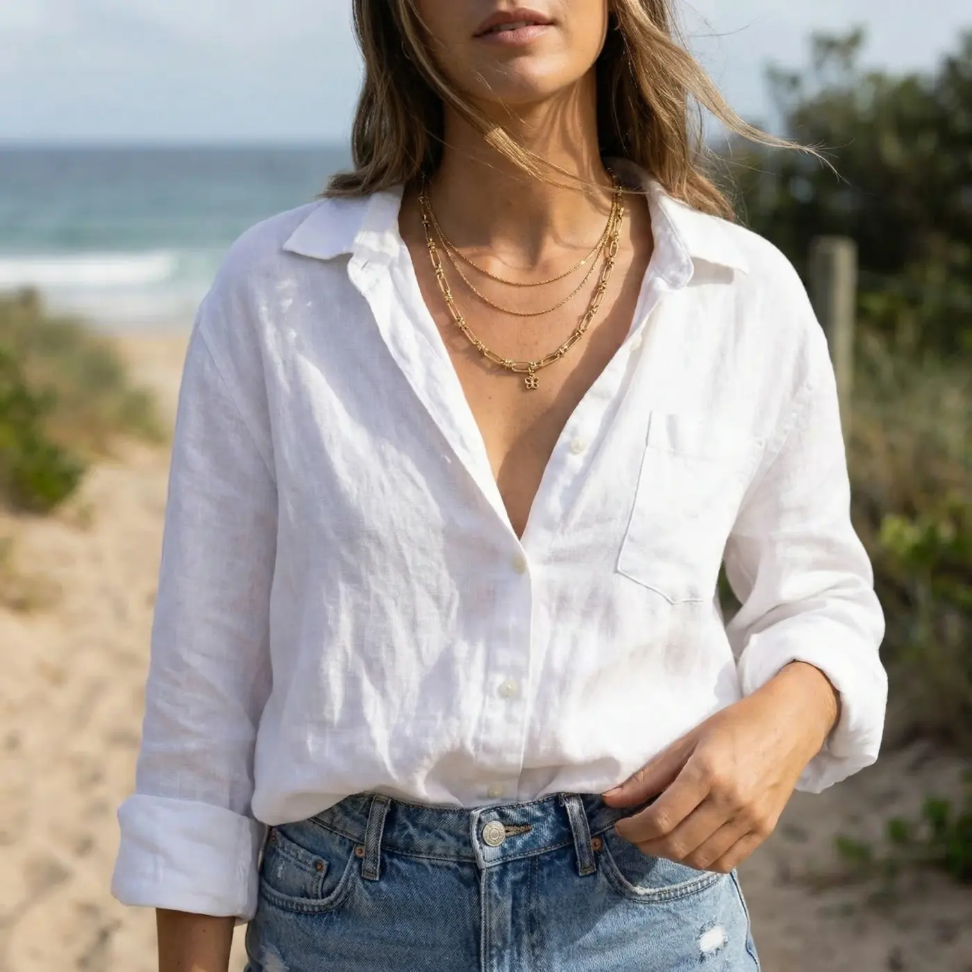 Jewelry lifestyle image: layered gold necklace coastal