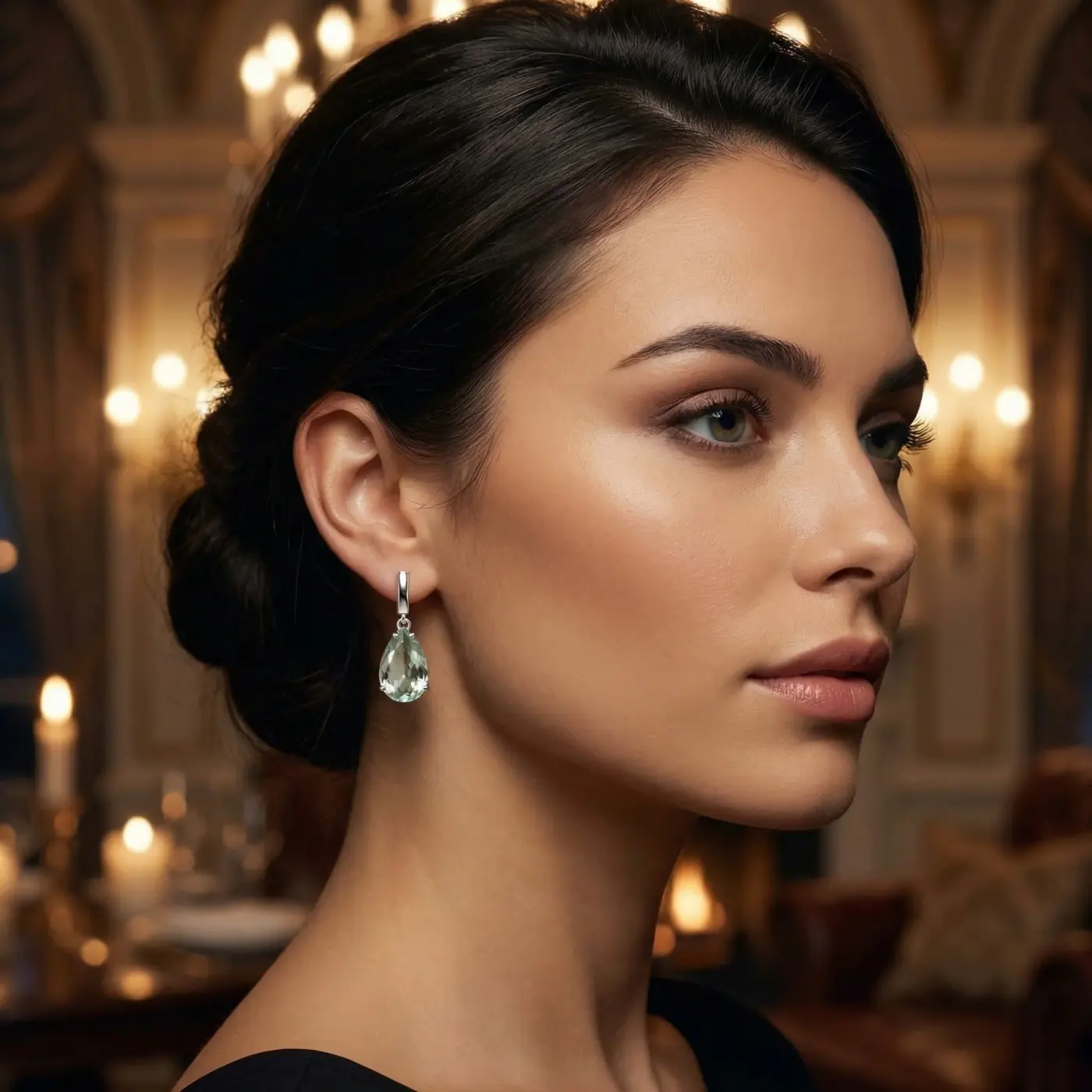 Jewelry lifestyle image: green amethyst earrings evening