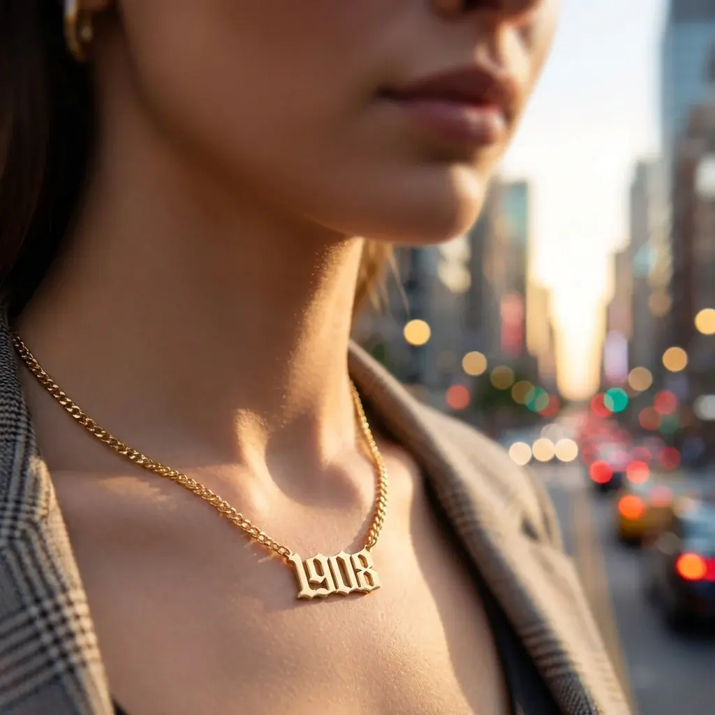 Jewelry lifestyle image: nameplate necklace closeup