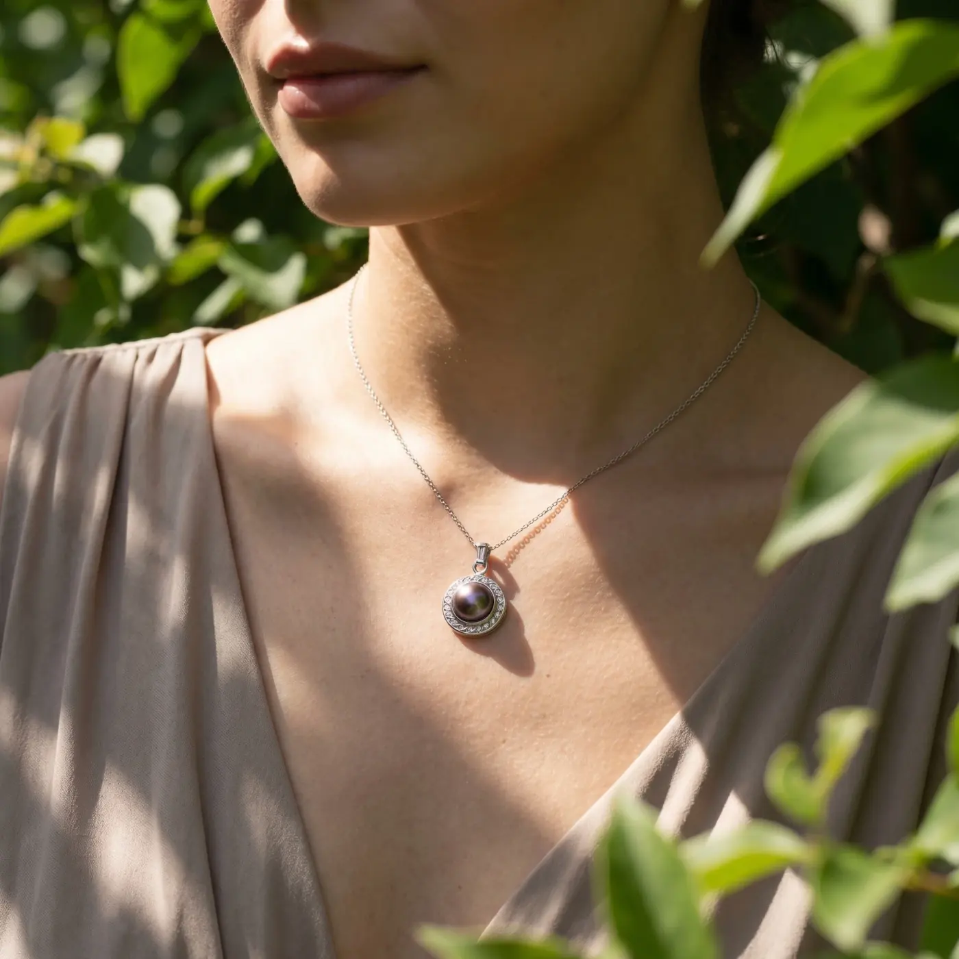 Jewelry lifestyle image: gold peacock pendant garden