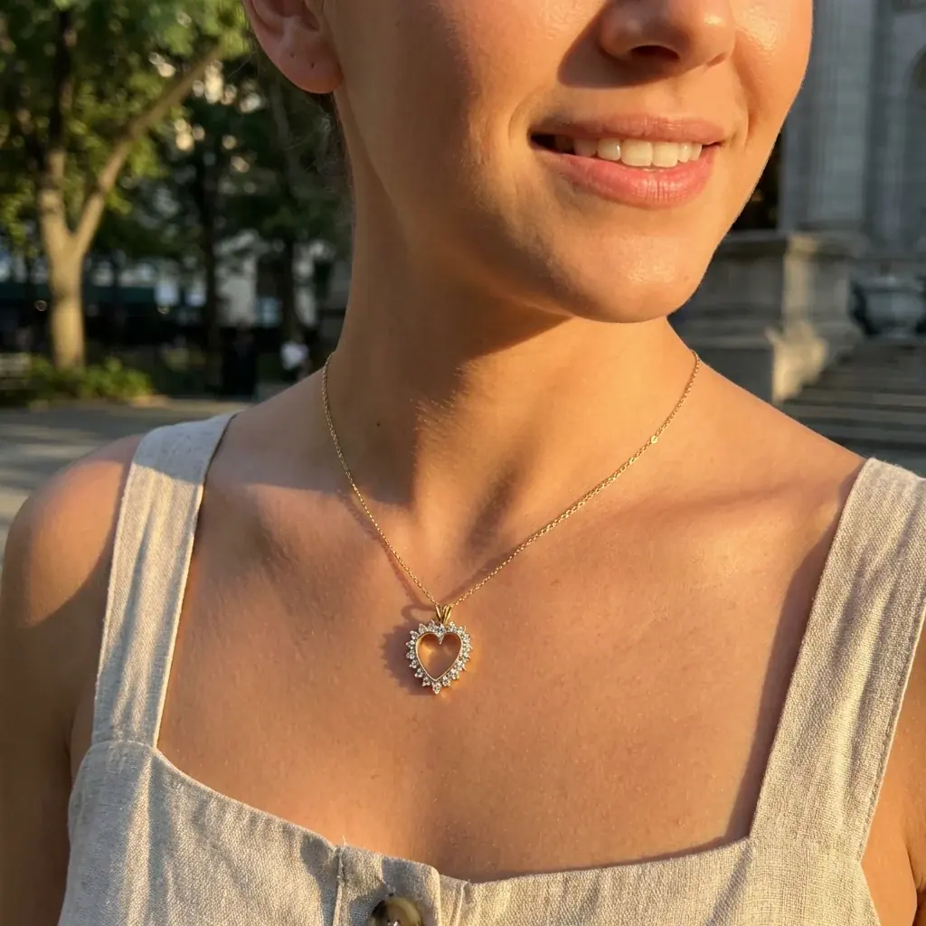 Jewelry lifestyle image: diamond heart necklace outdoor