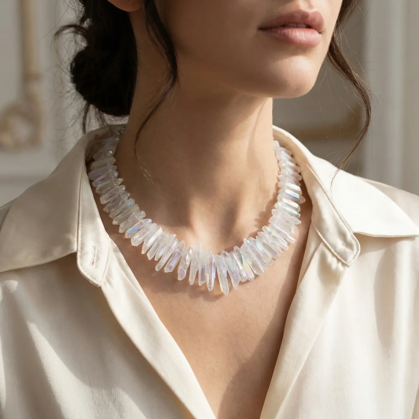 Jewelry lifestyle image: quartz necklace portrait
