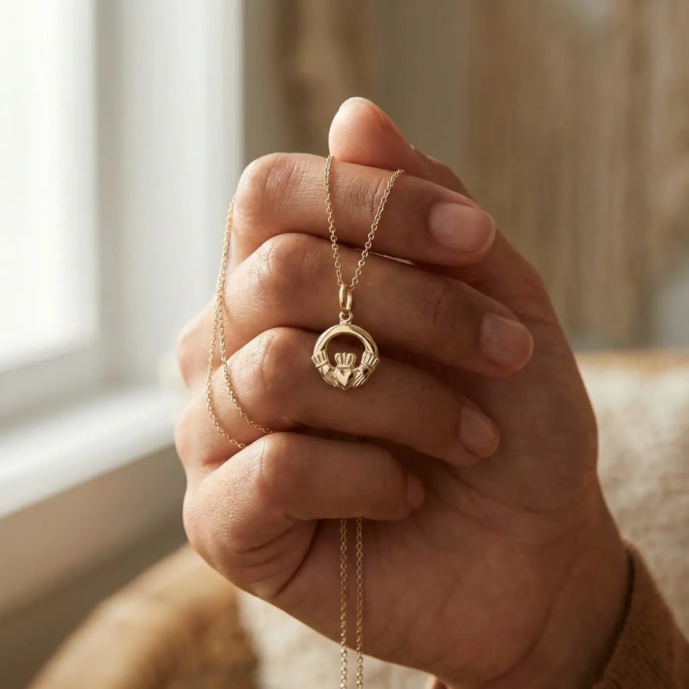 Jewelry lifestyle image: claddagh pendant hand